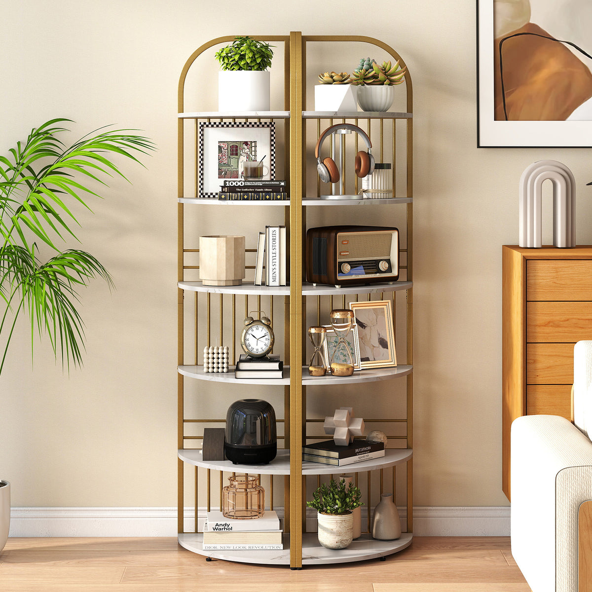 6-Tier Corner Shelf Tall Freestanding Corner Bookshelf with Heavy-duty Metal Frame-White