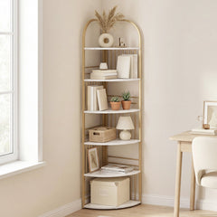 6-Tier Corner Shelf Tall Freestanding Corner Bookshelf with Heavy-duty Metal Frame-White