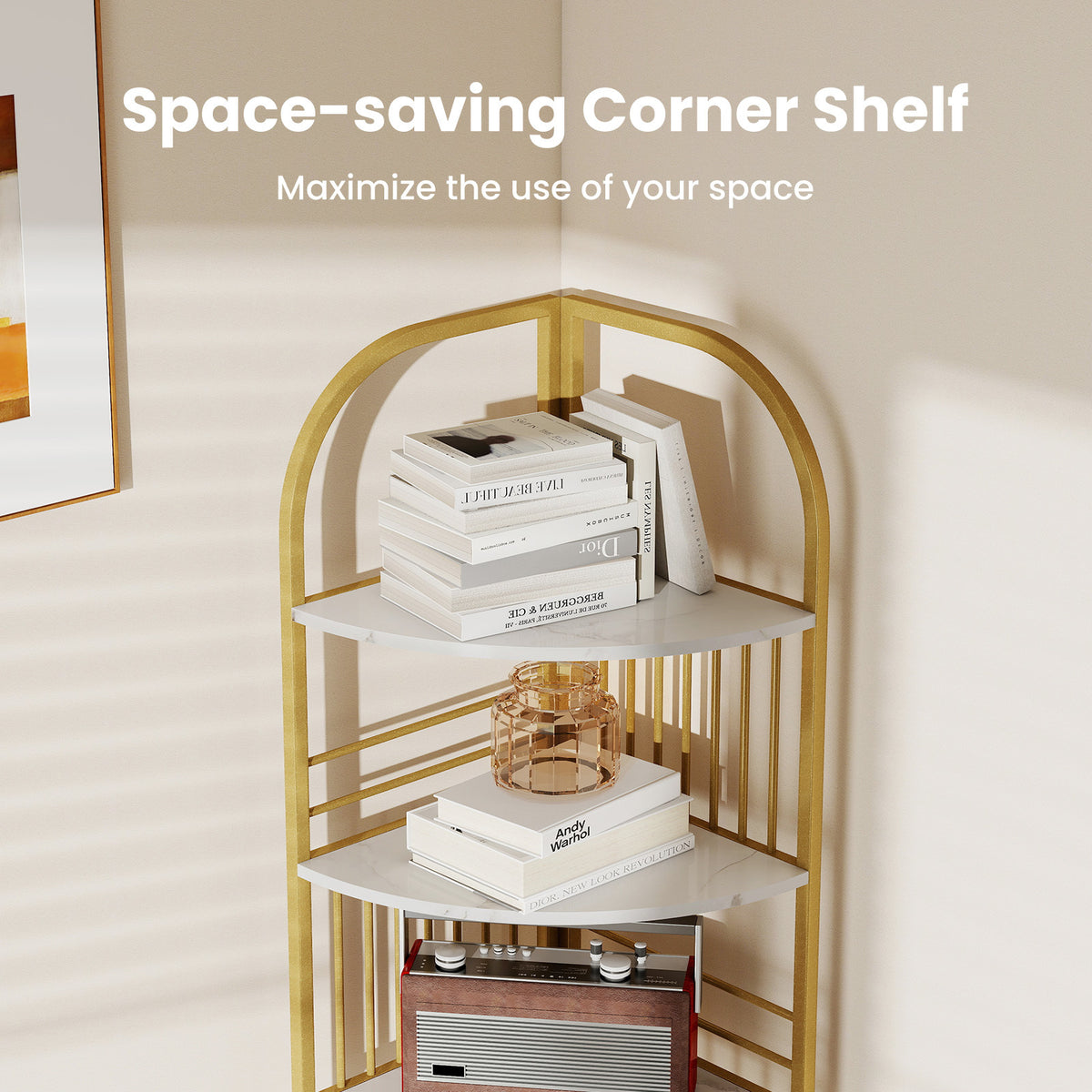 6-Tier Corner Shelf Tall Freestanding Corner Bookshelf with Heavy-duty Metal Frame-White
