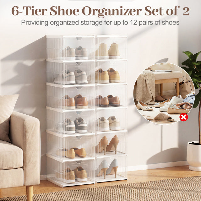 6-Tier Portable Shoe Organizer Set of 2 with Flip Front Door-Transparent