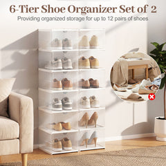 6-Tier Portable Shoe Organizer Set of 2 with Flip Front Door-Transparent