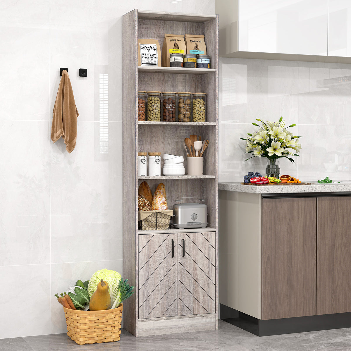 6-Tier 180cm Tall Bookshelf with Double Doors Open Cubes-Grey