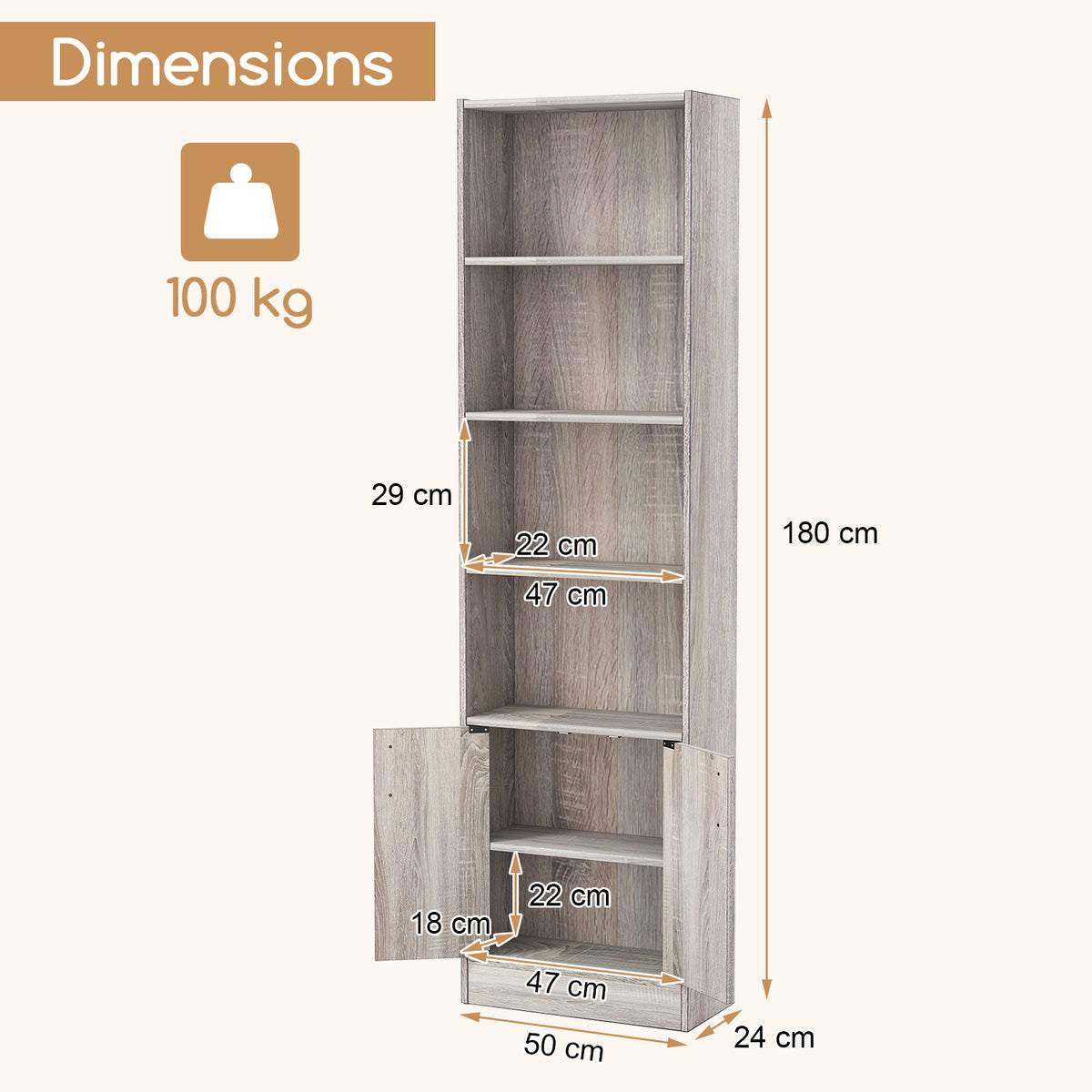 6-Tier 180cm Tall Bookshelf with Double Doors Open Cubes-Grey