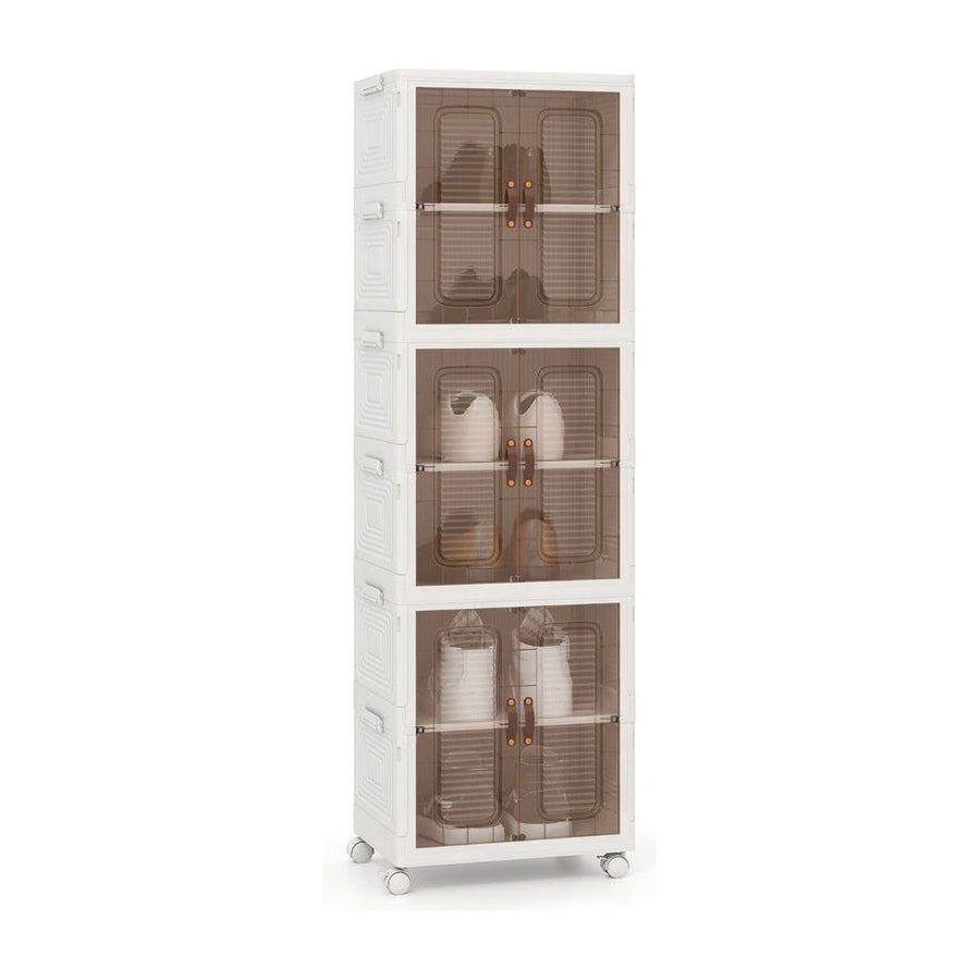 6-Cube Stackable Storage Bins with lockable wheels in white, shown from the front