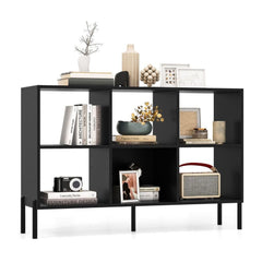 6-Cube Storage Bookcase Wooden Open Bookshelf with 5 Metal Legs-Black, front view with decorative items