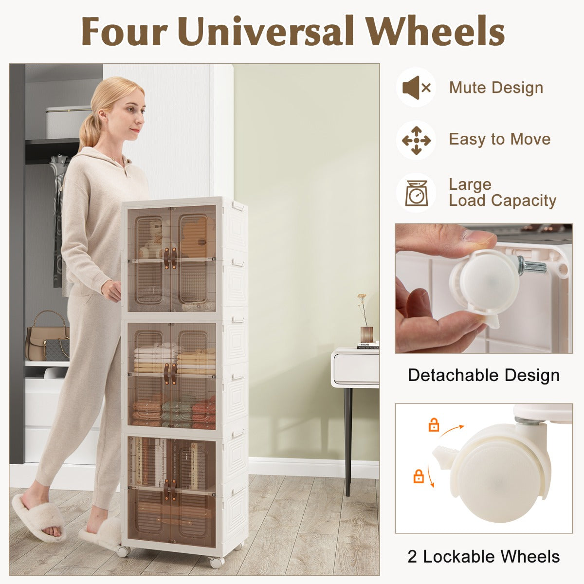 6-Cube Stackable Storage Bins with Lockable Wheels for for Kitchen Living Room Bedroom-White