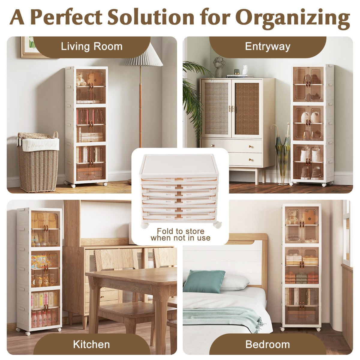 6-Cube Stackable Storage Bins with Lockable Wheels for for Kitchen Living Room Bedroom-White
