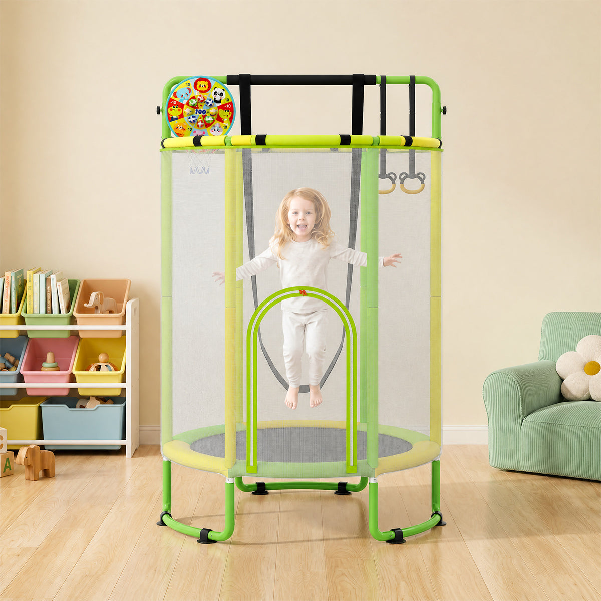 6-in-1 Kids Trampoline 140 cm Indoor Outdoor Trampoline with Swing-Yellow and Green