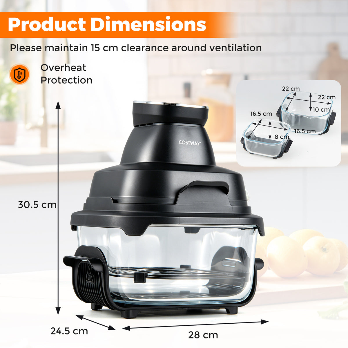 6-in-1 Portable Glass Air Fryer with Lids Built-in Thermostat-Black
