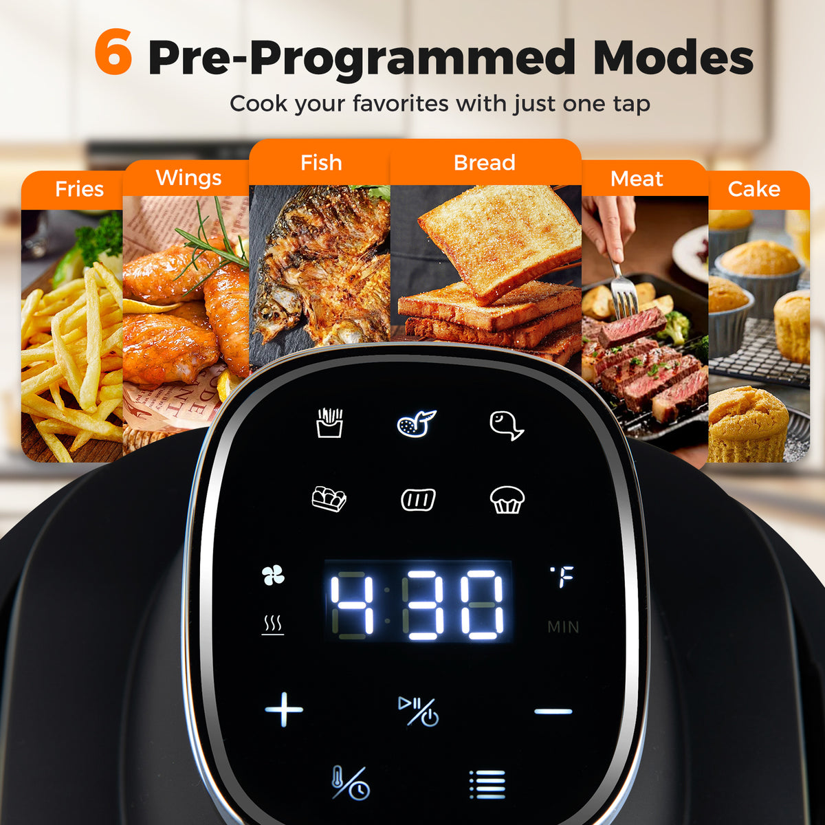 6-in-1 Portable Glass Air Fryer with Lids Built-in Thermostat-Black