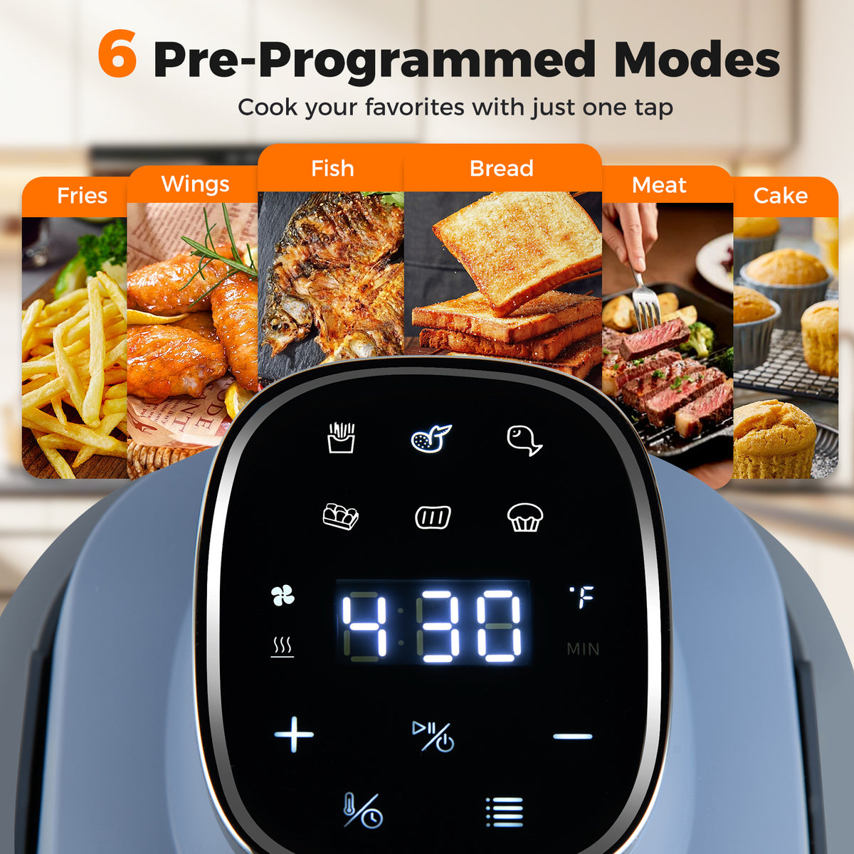 6-in-1 Portable Glass Air Fryer with Lids Built-in Thermostat-Blue