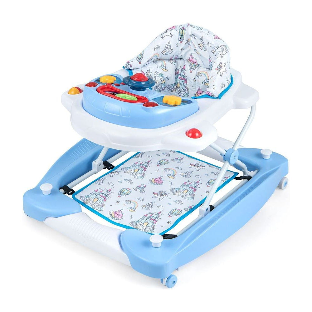 6 in 1 Adjustable Baby Walker Folding Baby Activity Center in blue with a patterned seat