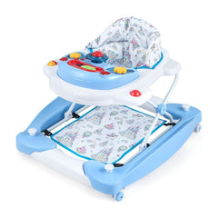 6 in 1 Adjustable Baby Walker Folding Baby Activity Center in blue with a patterned seat