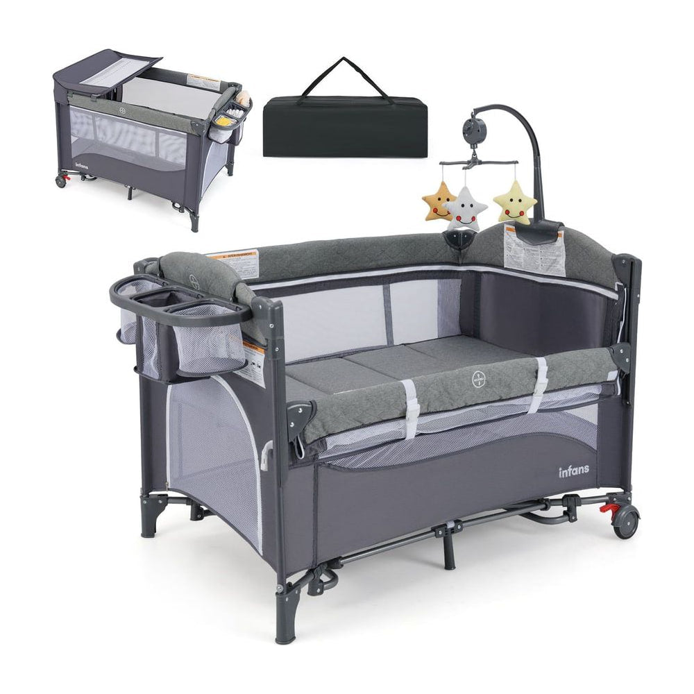 6-in-1 Baby Bed Travel Cot with Changing Table in baby-blue, shown assembled with a carry bag behind