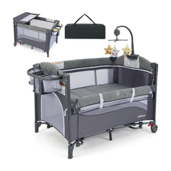 6-in-1 Baby Bed Travel Cot with Changing Table in baby-blue, shown assembled with a carry bag behind