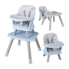 6-in-1 Baby High Chair in blue, shown in three different configurations against a white background