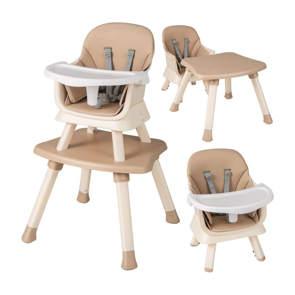 6-in-1 Baby High Chair in light brown with a removable tray and 5-point harness