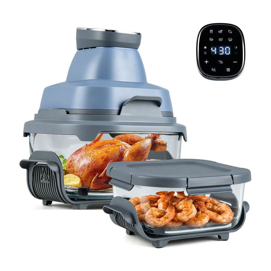 6-in-1 Portable Glass Air Fryer with Lids Built-in Thermostat showing cooked chicken and prawns