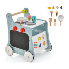 6-in-1 Wooden Baby Stroller Push and Pull Learning Activity Center in blue with kitchen play features