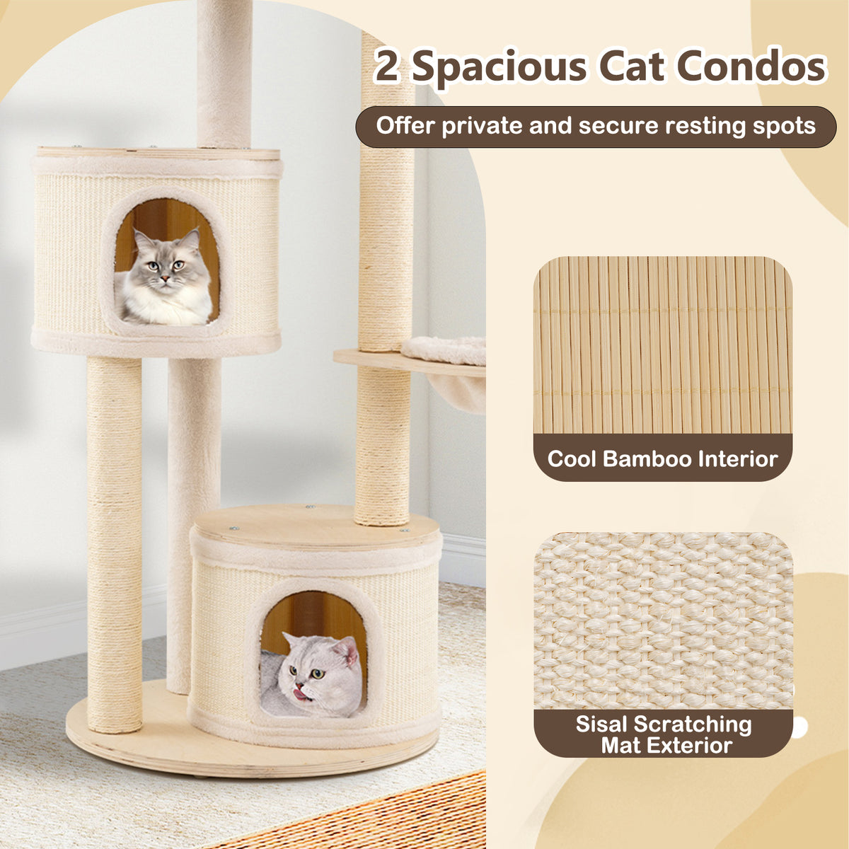 6-level Wooden cat tree with cat condo and sisal scratching posts for indoor-Natural