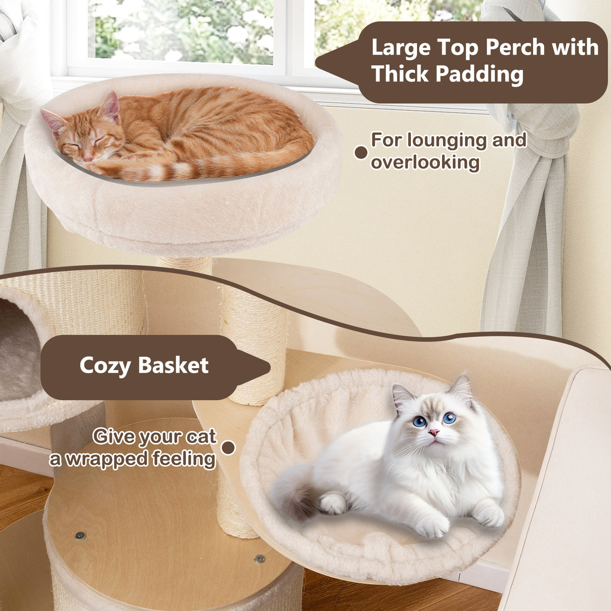 6-level Wooden cat tree with cat condo and sisal scratching posts for indoor-Natural