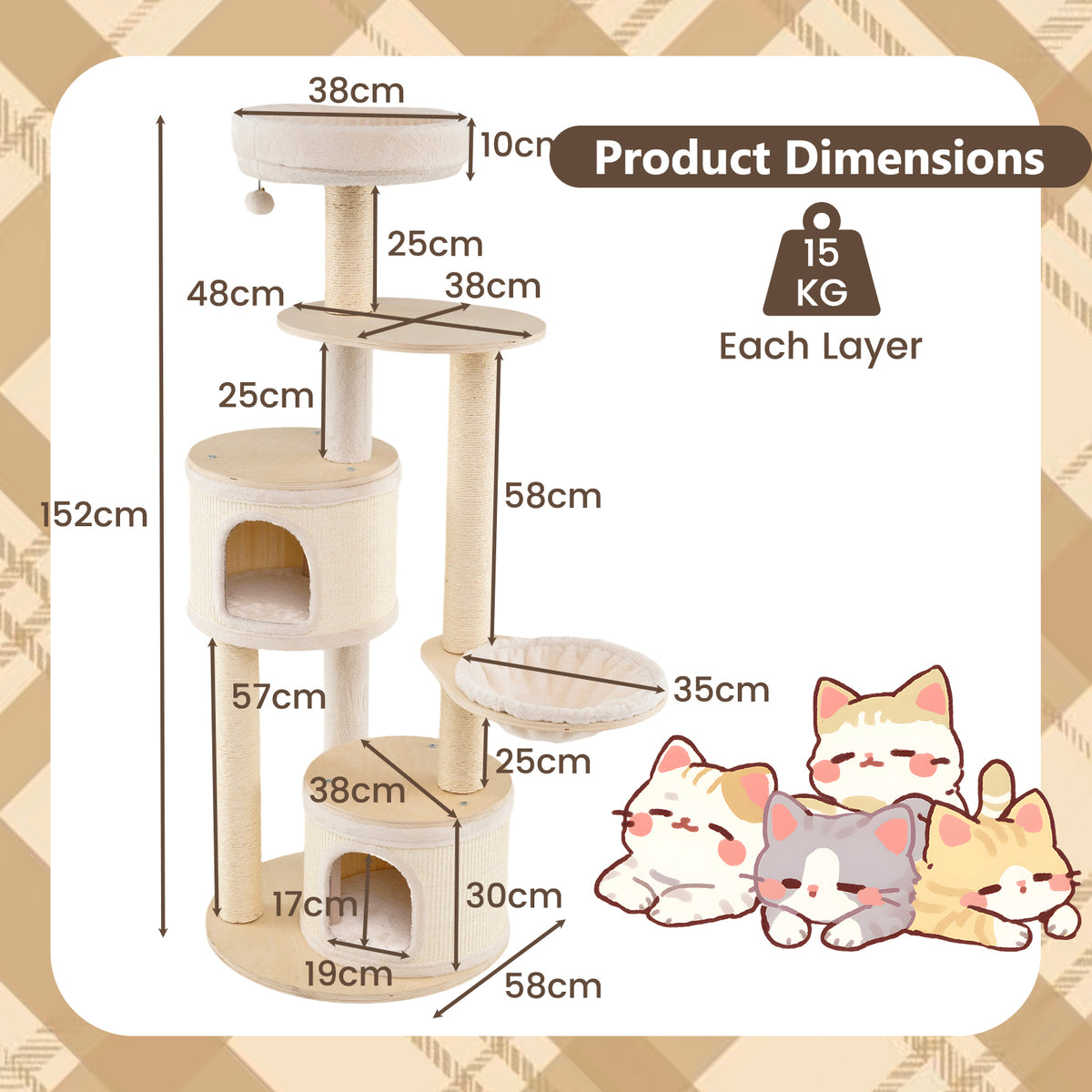 6-level Wooden cat tree with cat condo and sisal scratching posts for indoor-Natural