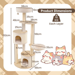 6-level Wooden cat tree with cat condo and sisal scratching posts for indoor-Natural