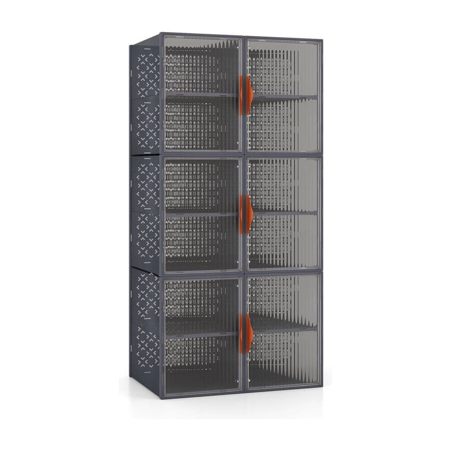 6 Pack 12-Grids Plastic Stackable Shoe Storage Boxes with clear magnetic doors in grey