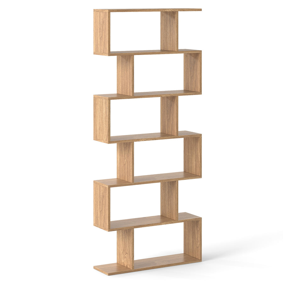 6-tier S-shaped Wooden Industrial Bookshelf-Natural