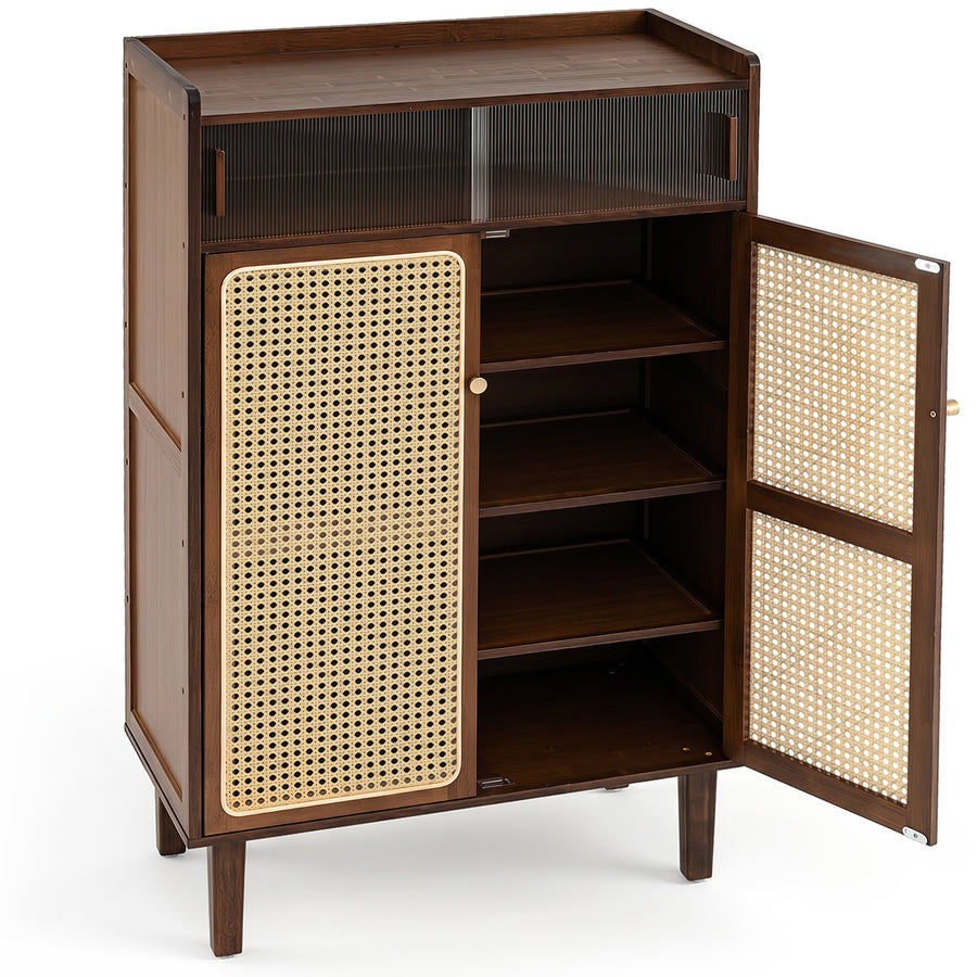 6-Tier Bamboo Shoe Cabinet with rattan doors and open shelving on a white background