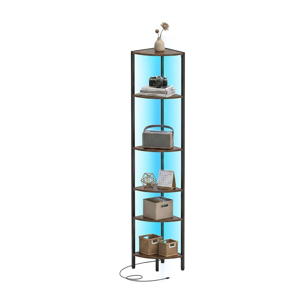 6-Tier Corner Shelf 68 inch Tall Narrow Display Bookshelf with LED Lights-Rustic Brown standing tall with LED lights on