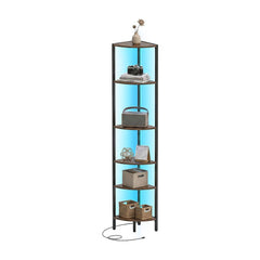 6-Tier Corner Shelf 68 inch Tall Narrow Display Bookshelf with LED Lights-Rustic Brown standing tall with LED lights on