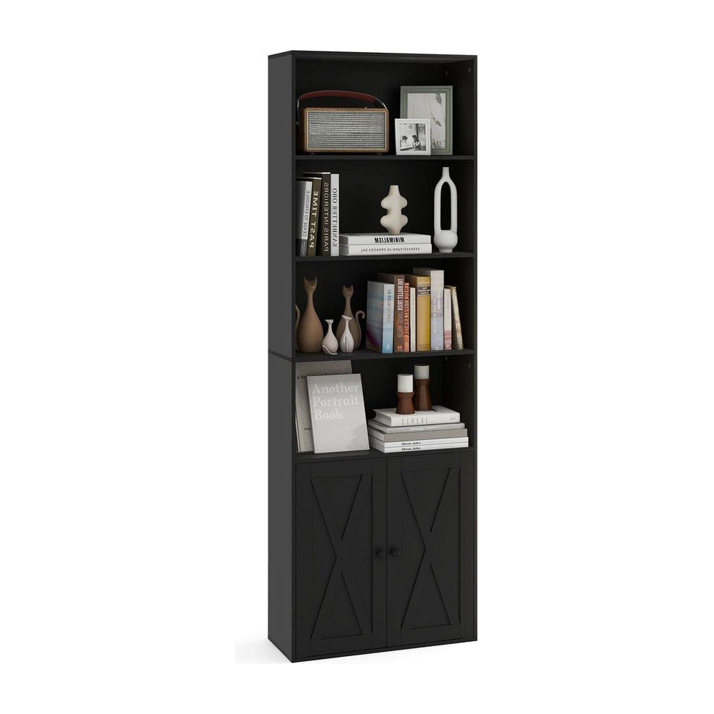 6-Tier Freestanding Bookcase with Farmhouse Style Cabinet Doors filled with books and ornaments