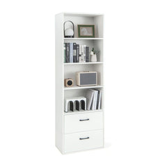 6-Tier Modern Wooden Bookshelf with open shelves and two drawers filled with books and decor