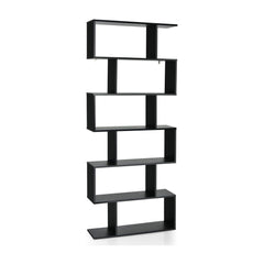 6-tier S-shaped Wooden Industrial Bookshelf-Black, a tall black shelving unit with five shelves arranged in an S shape