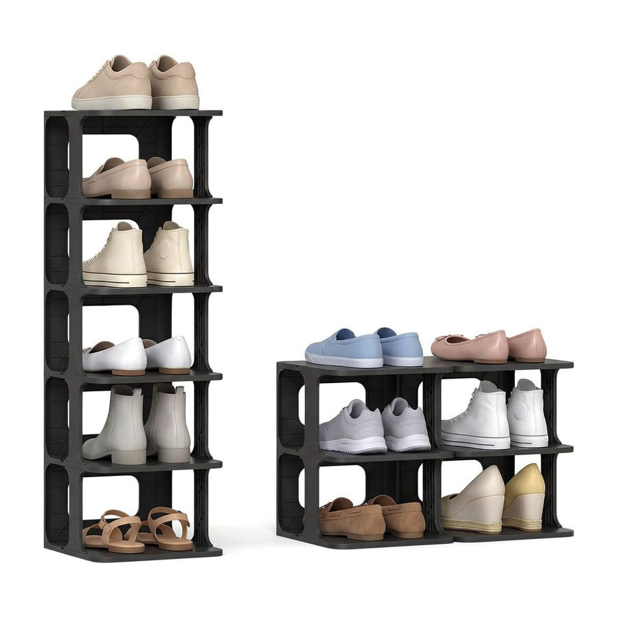 6-Tier Stackable Shoe Rack shown as a tall unit and two smaller units side by side