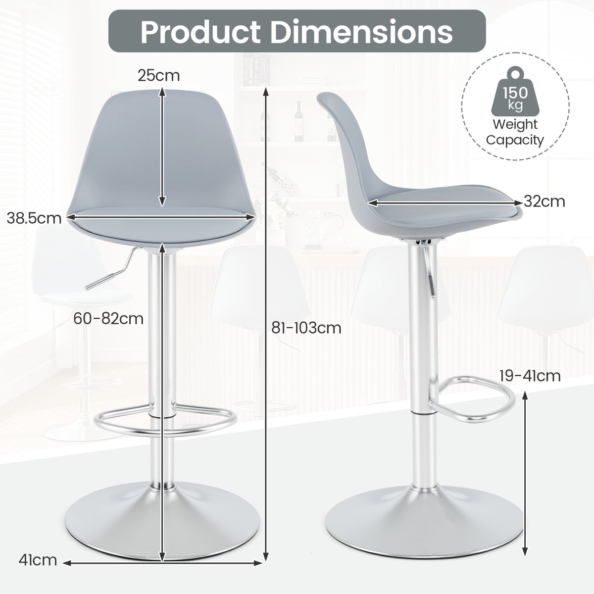 60-82 cm Seat Height Bar Stools Set of 2 with Backrests-Grey
