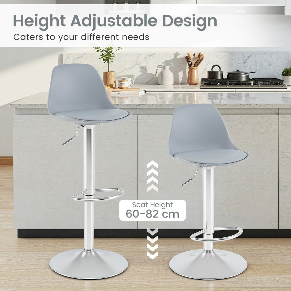 60-82 cm Seat Height Bar Stools Set of 2 with Backrests-Grey