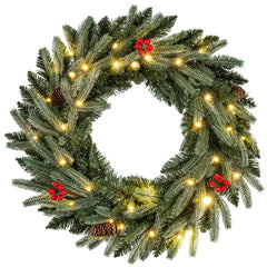 60 CM Artificial Pre-Lit Christmas Wreath with 90 Branch Tips and 20 Warm White LED Lights