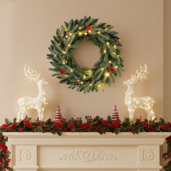 60 CM Artificial Pre-Lit Christmas Wreath with 90 Branch Tips and 20 Warm White LED Lights