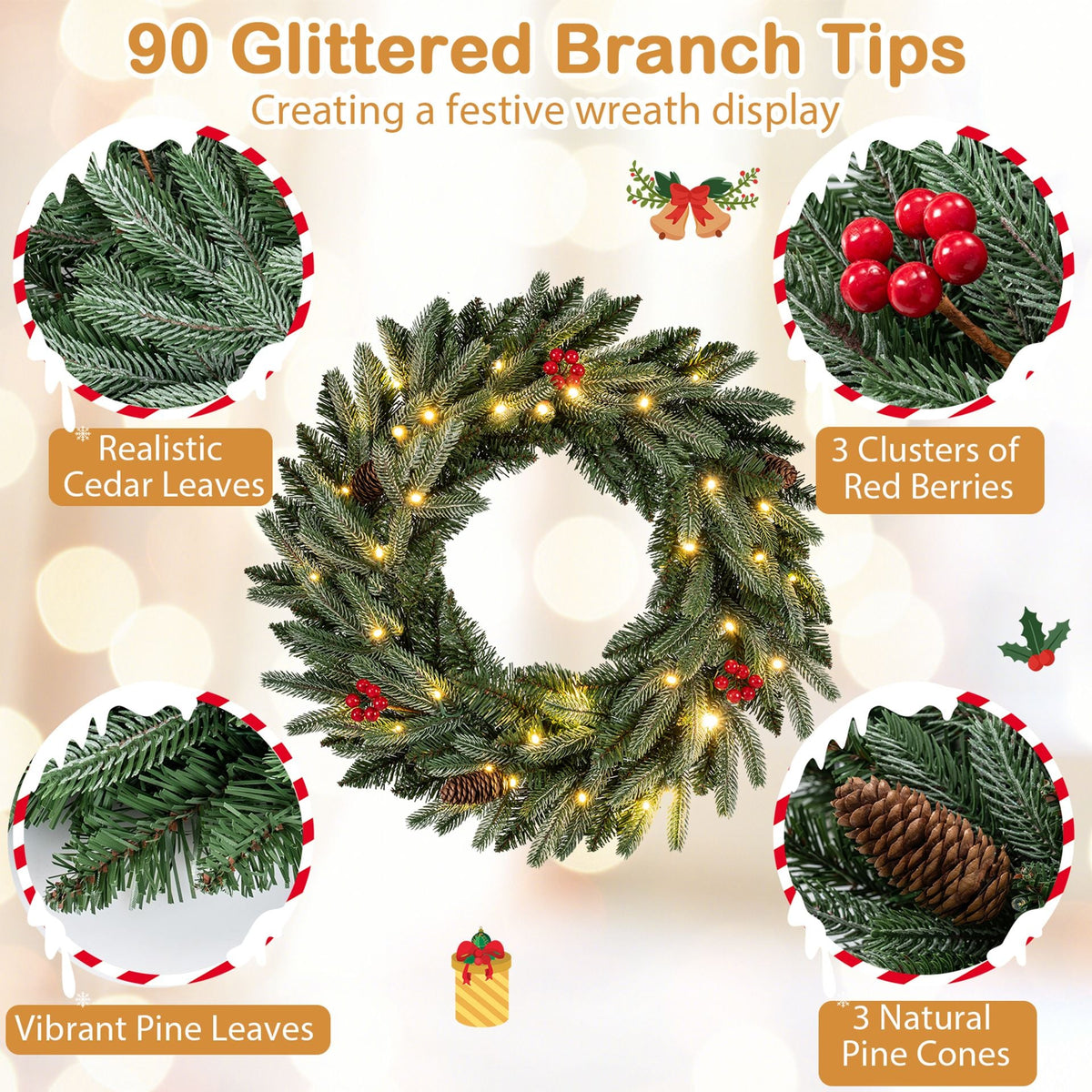 60 CM Artificial Pre-Lit Christmas Wreath with 90 Branch Tips and 20 Warm White LED Lights