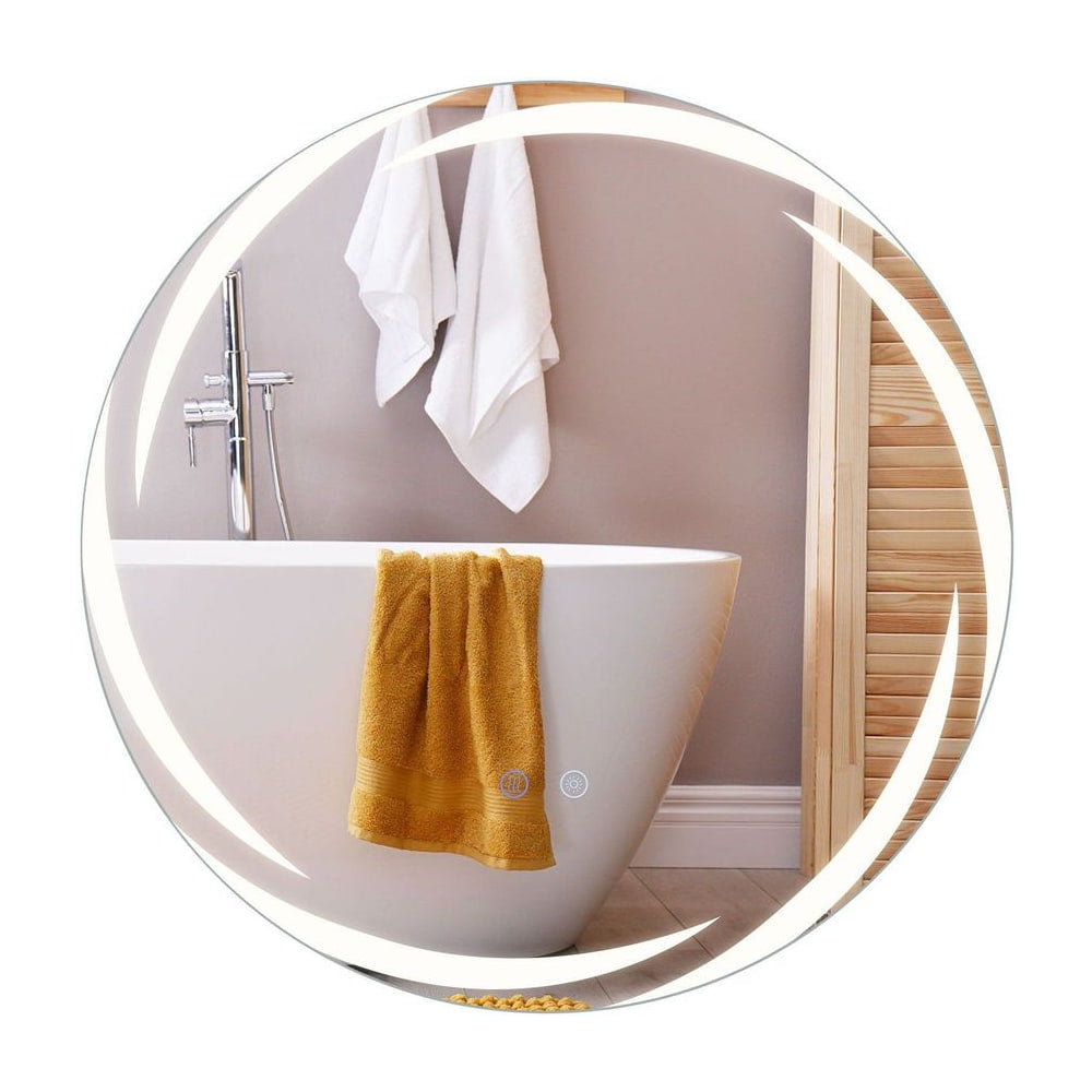 60 cm Round LED Bathroom Mirror reflecting a bathtub with a yellow towel