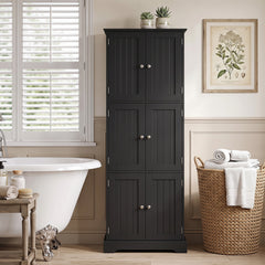 60 x 30 x 160 CM Tall Bathroom Storage Cabinet with 6 Doors-Black
