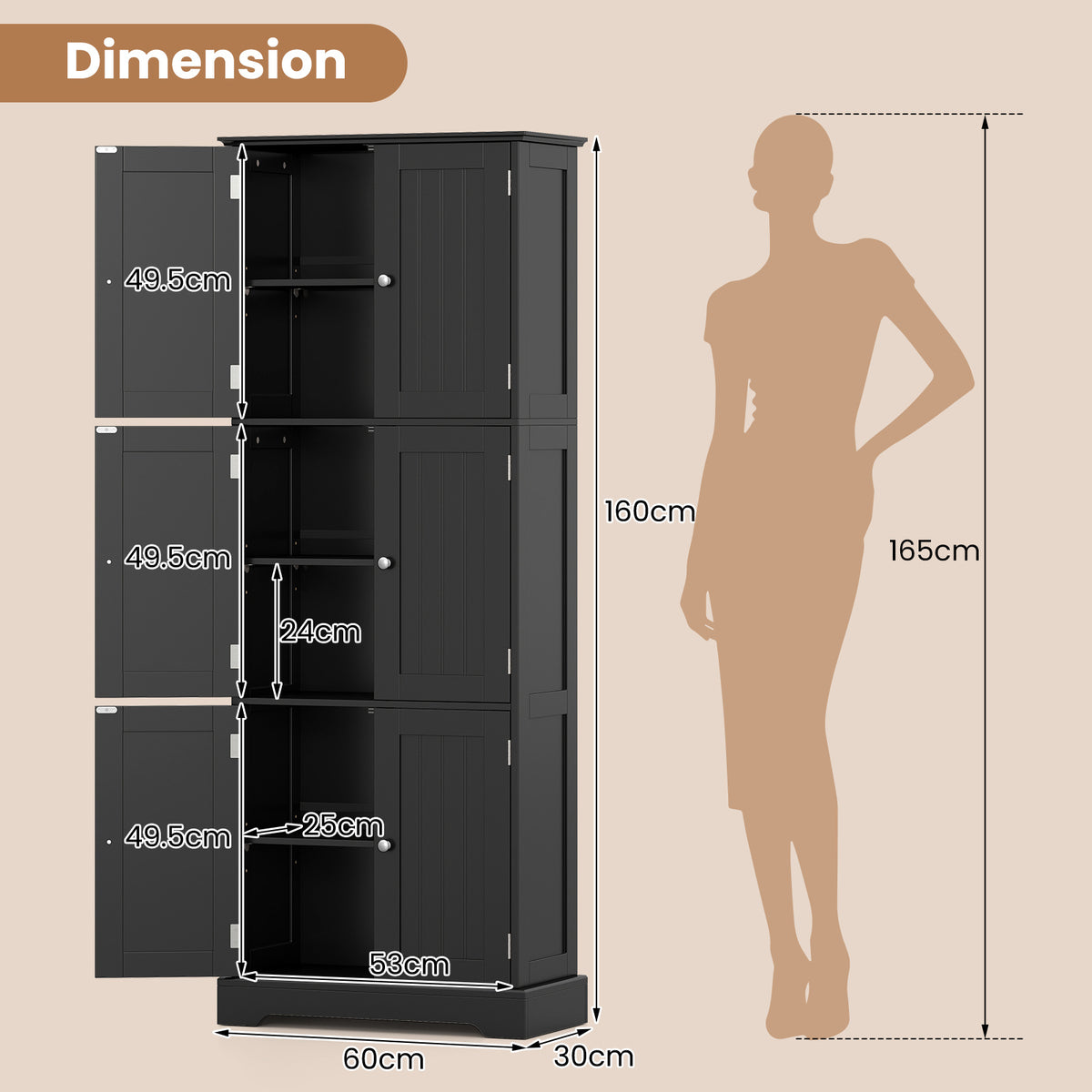 60 x 30 x 160 CM Tall Bathroom Storage Cabinet with 6 Doors-Black