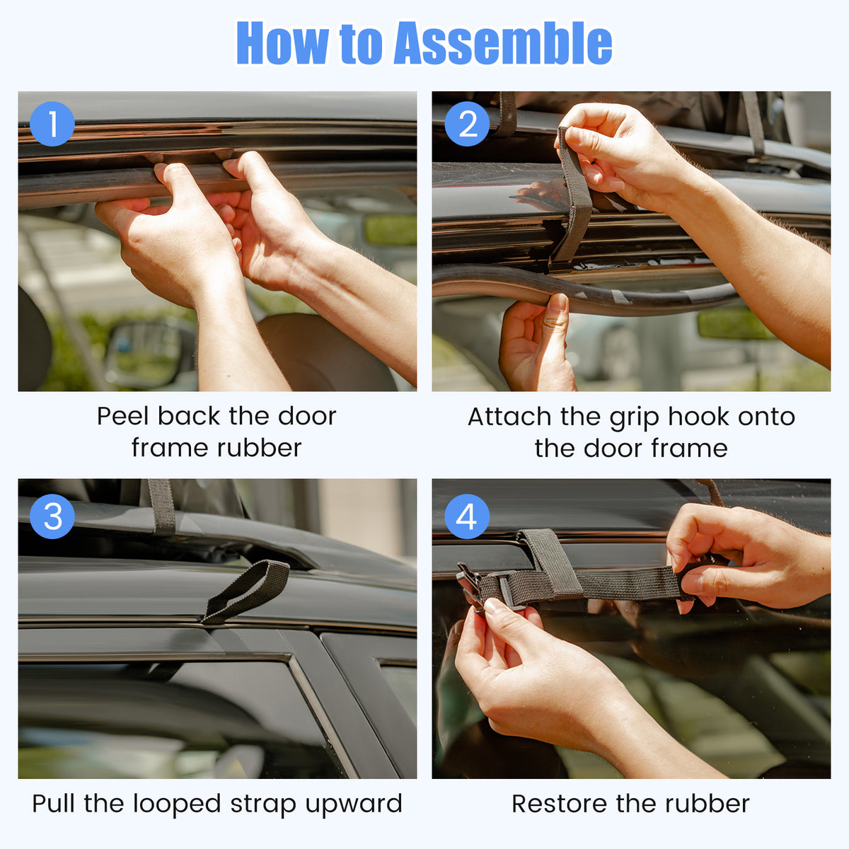 Instructions on how to assemble the rooftop cargo carrier bag onto a car roof