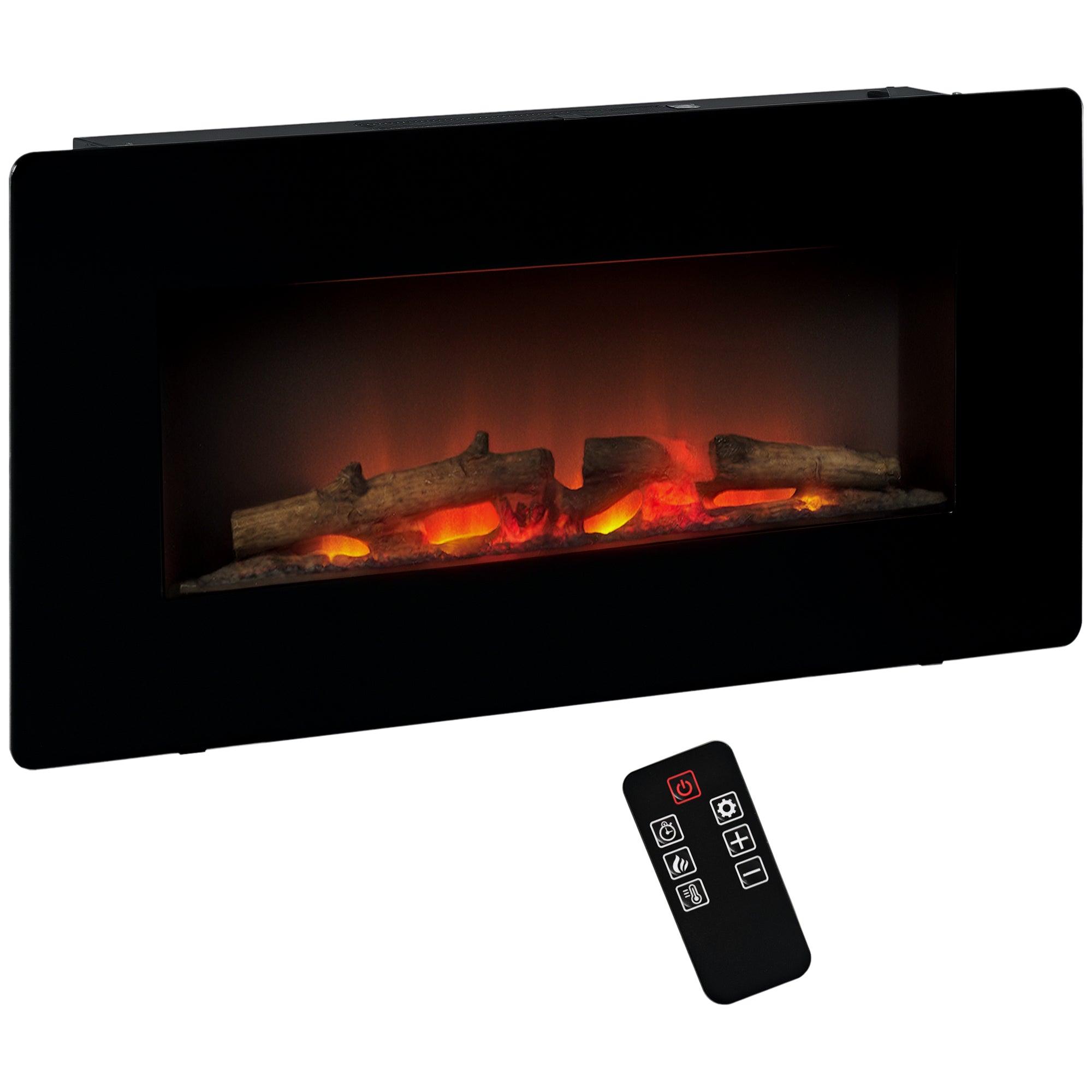 HOMCOM Electric Wall-Mounted Fireplace Heater with Adjustable Flame Effect, Remote Control, Timer, 1800/2000W, Black