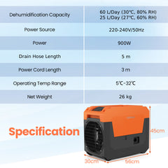60L/Day Commercial Dehumidifier with Pump Portable Industrial Dehumidifier-Orange