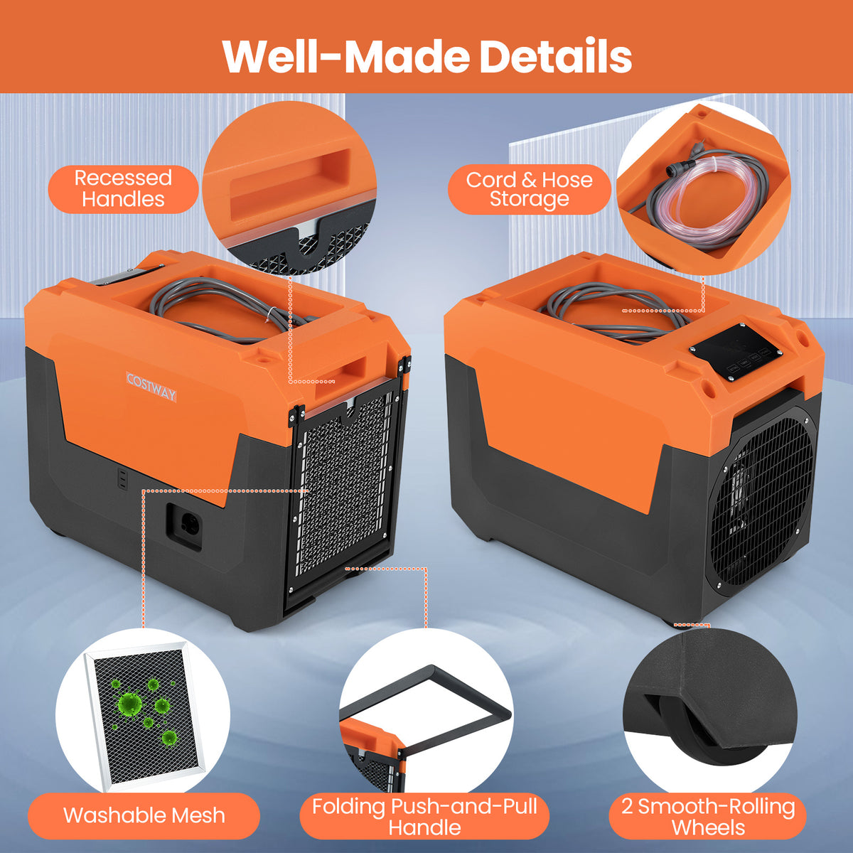 60L/Day Commercial Dehumidifier with Pump Portable Industrial Dehumidifier-Orange