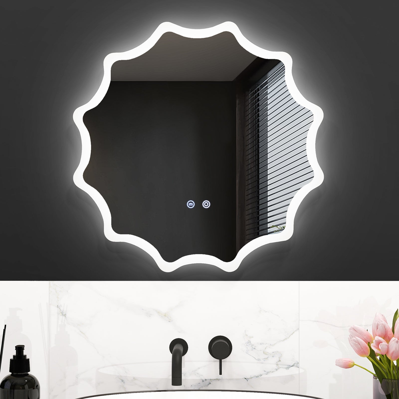 60 x 60 cm LED Waved Edge Round Wall Mirror with 3-Color Lights-Silver