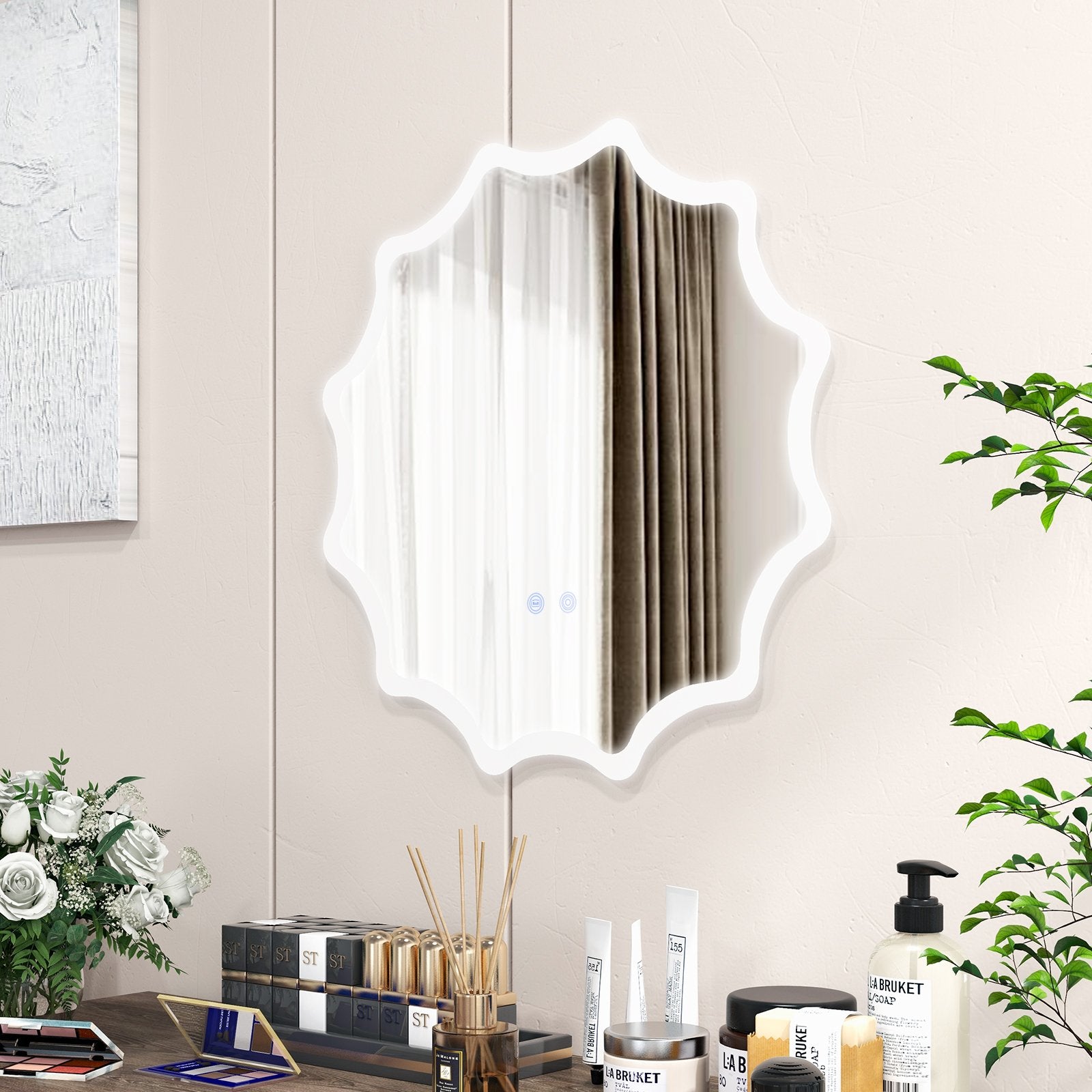 60 x 60 cm LED Waved Edge Round Wall Mirror with 3-Color Lights-Silver